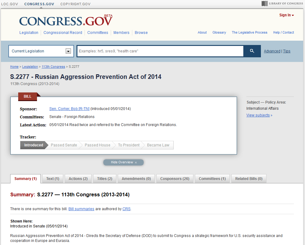Закон США (BILL) № 2277 «Акт о предотвращении агрессии со стороны России 2014» 