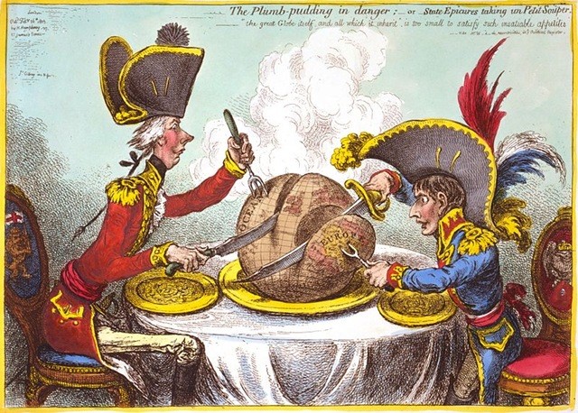 Наполеон и премьер-министр Великобритании Питт делят мир. Карикатура.