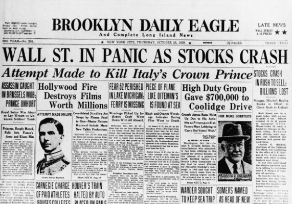 Газета от 24 октября 1929 года, т.е. «чёрного четверга» – на тот момент как раз началась паника – рынок упал на 11% за один день. В два следующих дня (пятница и суббота - тогда рынок работал по субботам) рынок слегка воспрянул, затем наступил «чёрный понедельник» и «чёрный вторник», которые сняли все сомнения в серьёзности ситуации.