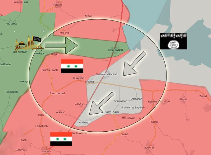 Скоординированная атака террористов (зелёным) и Халифата (серым) на позиции армии (красным)