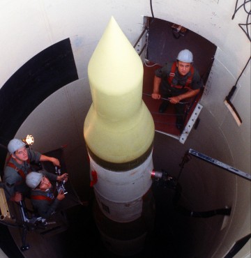 File photo of USAF technicians checking Minuteman III nuclear missile in Missouri