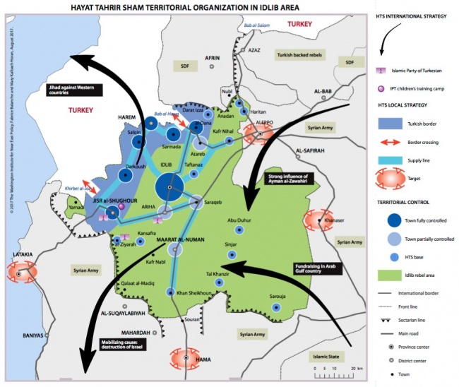 Синим, голубым и сереным цветом выделены зоны контроля сирийской «Аль-Каиды» в провинции Идлиб 